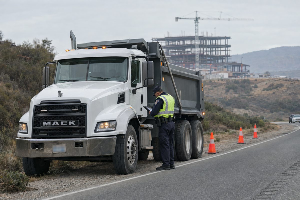 CHP officer conducting a commercial vehicle compliance inspection beside a dump truck on a Southern California roadside