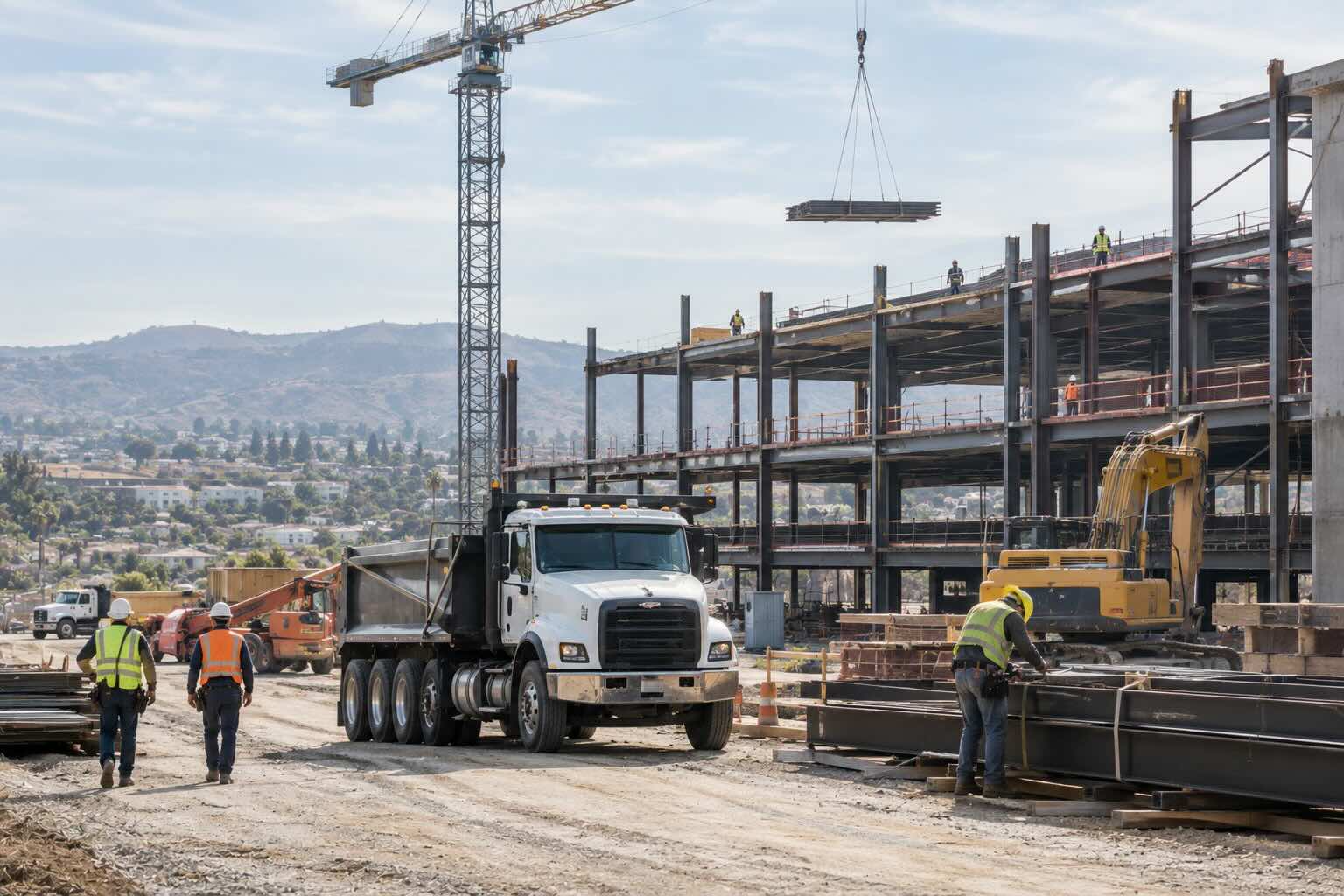 Construction crew and heavy equipment working efficiently on an active Southern California commercial building project